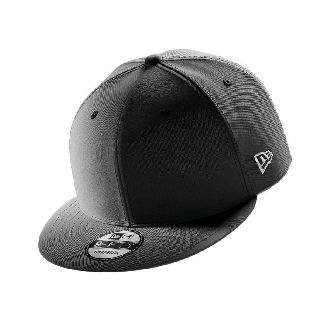 A black New Era 9FIFTY snapback cap with a structured six-panel crown, a flat brim, and a small white embroidered New Era flag logo on the side.