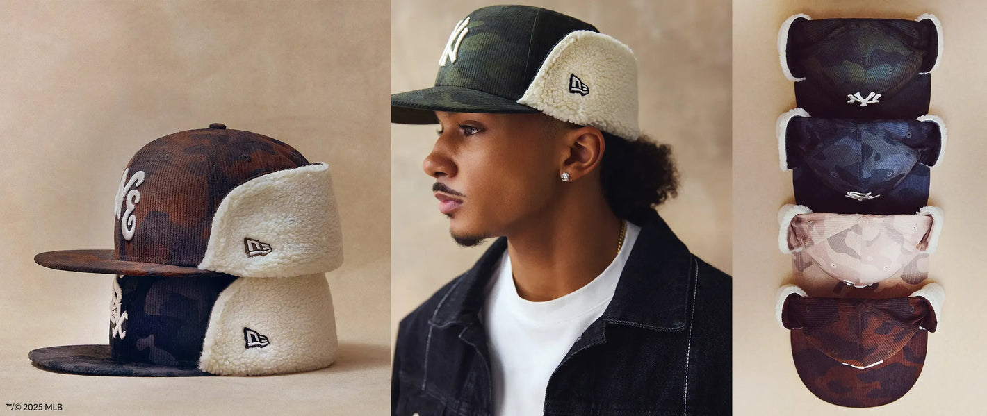 Collection of New Era caps displayed with a person wearing one, on a neutral background.