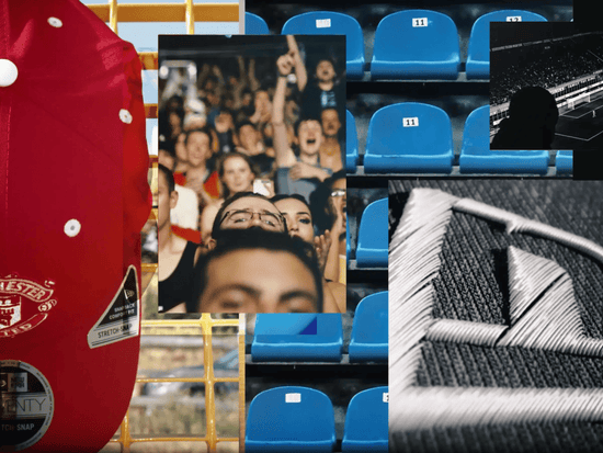 Slide 5:Collage of a red sports cap, stadium seats, and close-up of fabric texture.