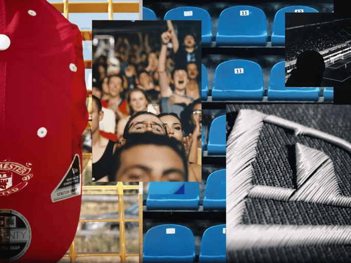 Collage of a red sports cap, stadium seats, and close-up of fabric texture.