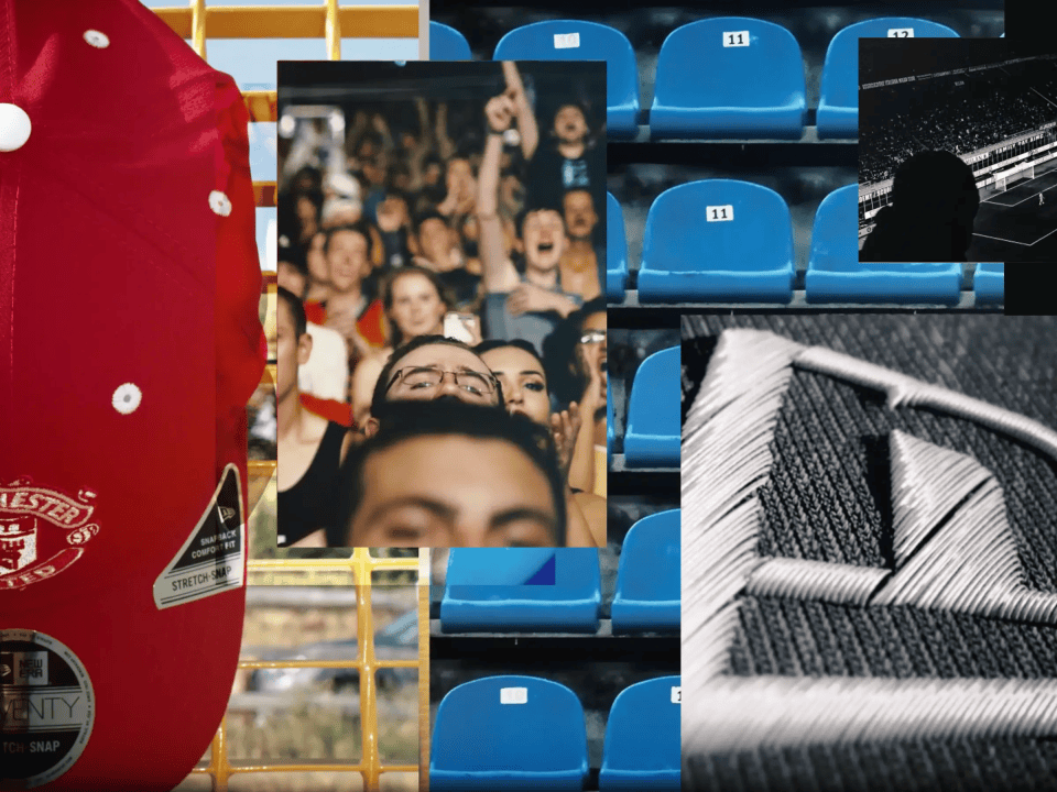 Collage of a red sports cap, stadium seats, and close-up of fabric texture.