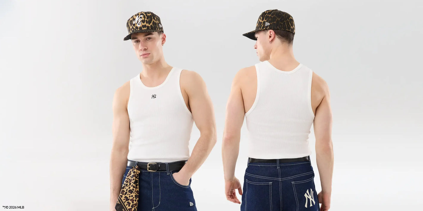 Person wearing a white tank top and dark pants with a cap, shown from front and side views on a light gray background. Image contains AI enhancements.