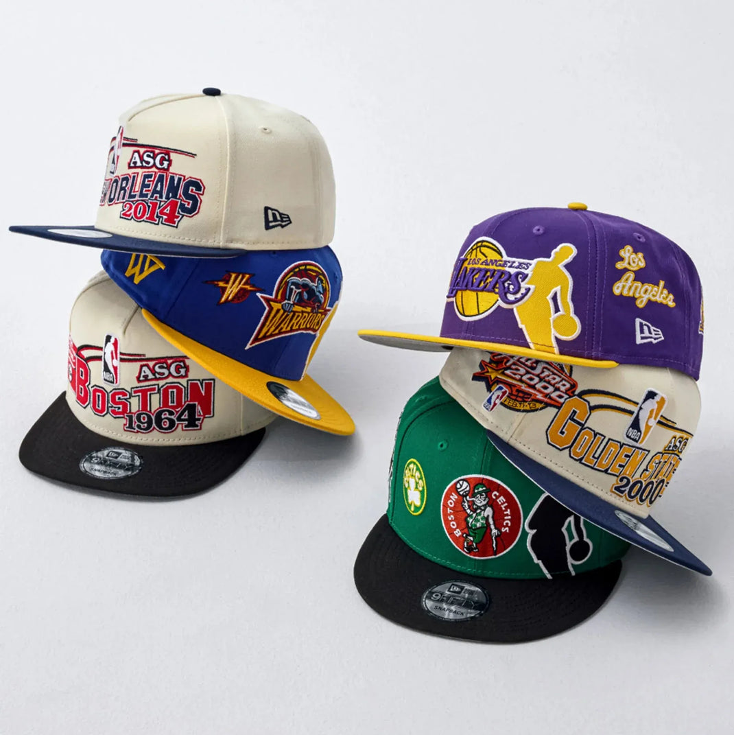 Six NBA Hardwood baseball caps with various logos and text on a white background