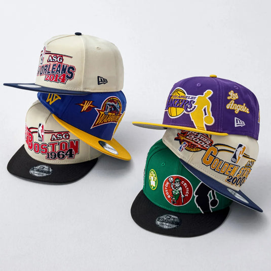 Six NBA Hardwood baseball caps with various logos and text on a white background