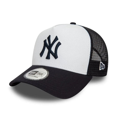 Slide 4:Black and white trucker cap with New York Yankees logo on a white background
