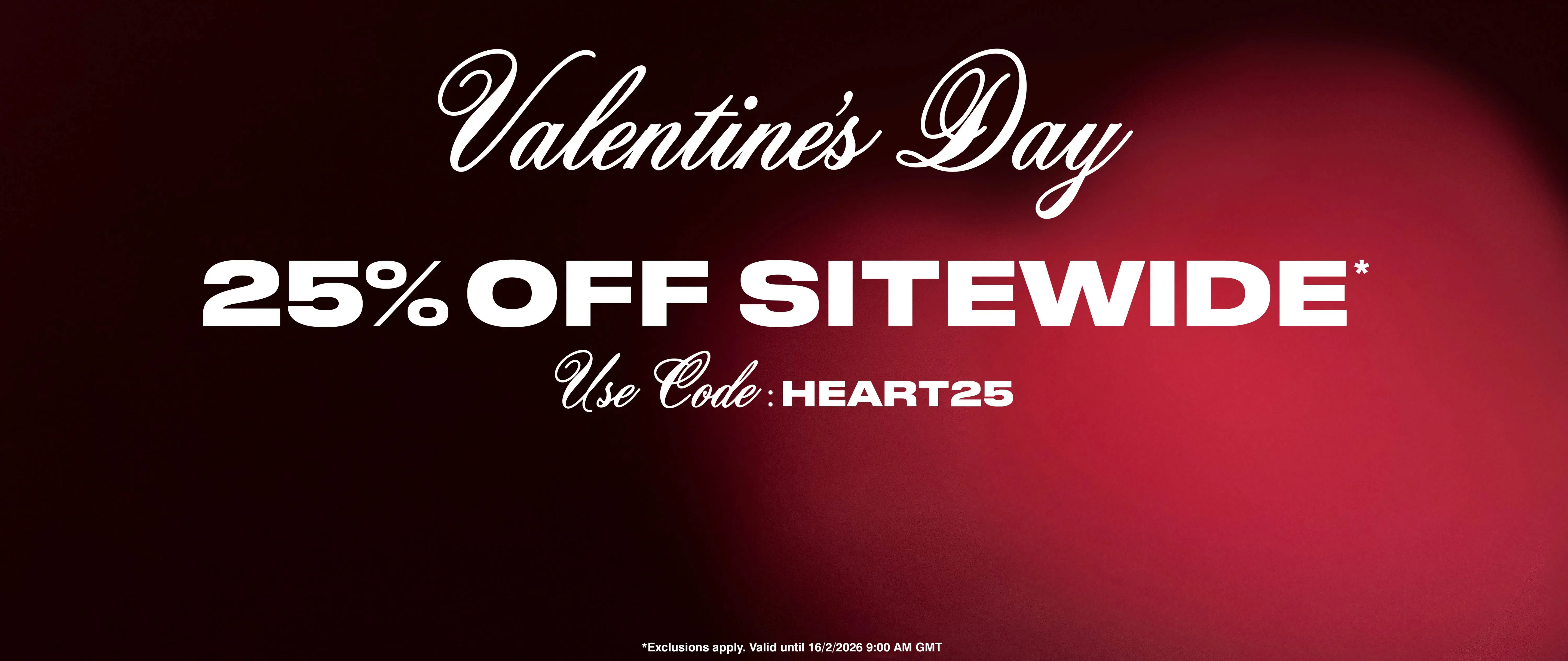 Valentine's Day sale banner with 25% off sitewide discount