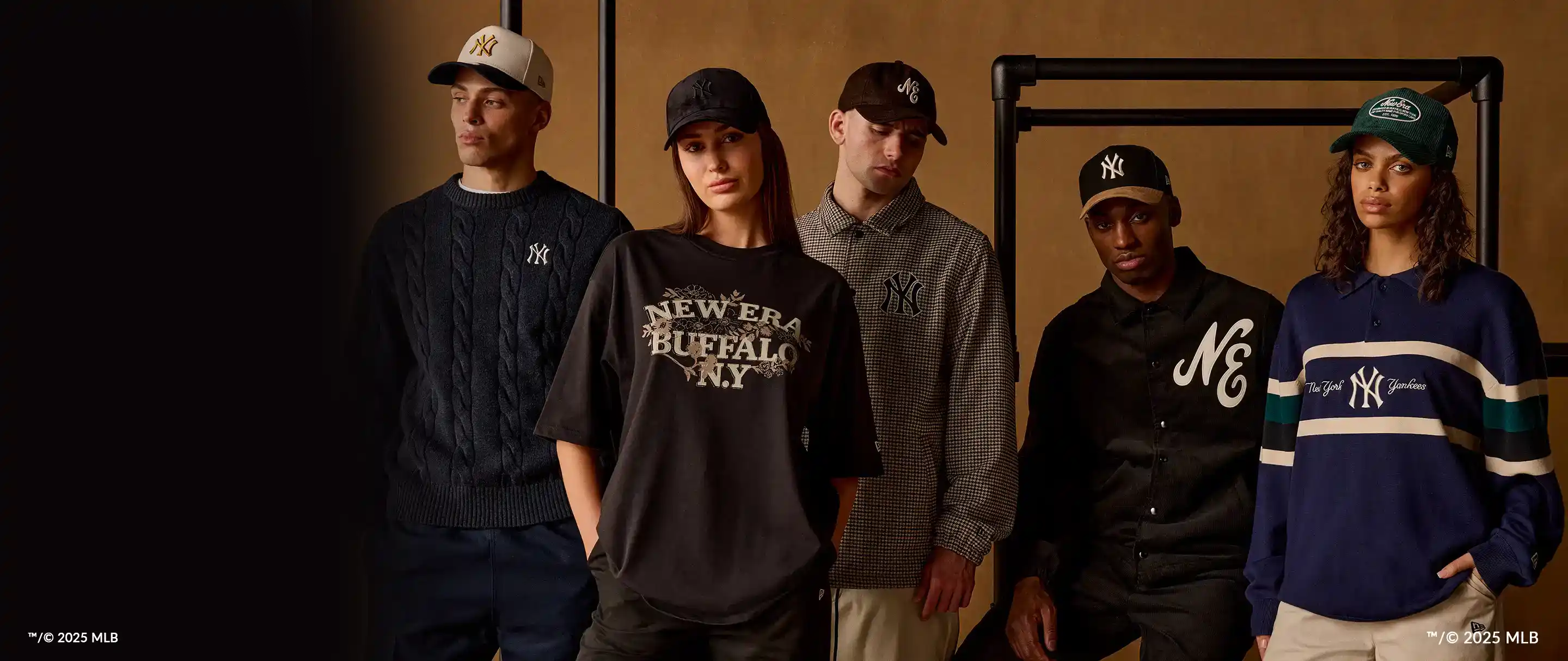 People wearing New Era branded clothing and accessories against a dark background