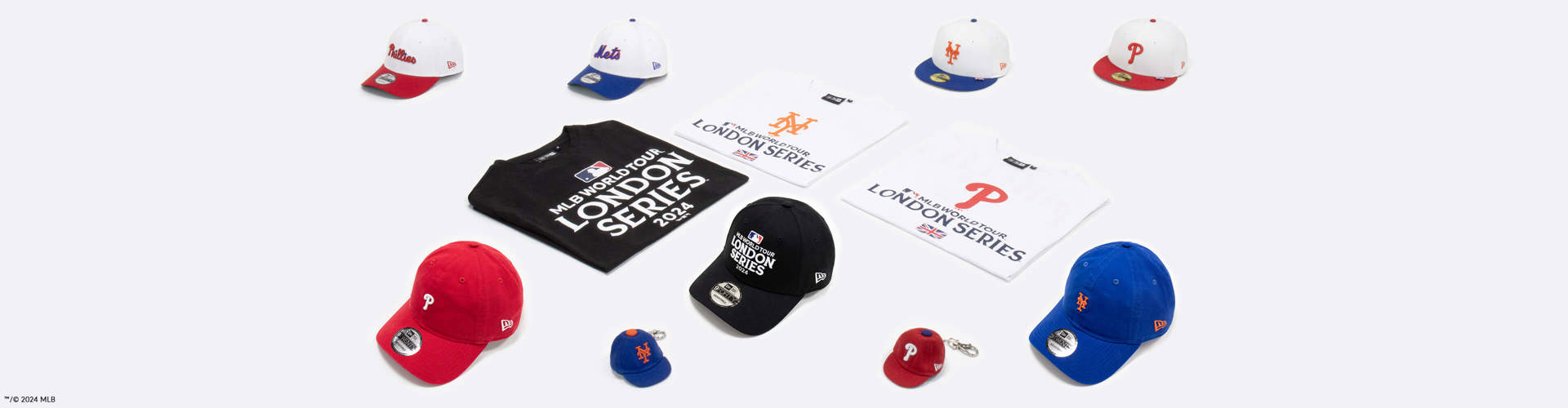 Philadelphia Phillies, New York Mets and London series collection of tops, caps and keyrings for desktop