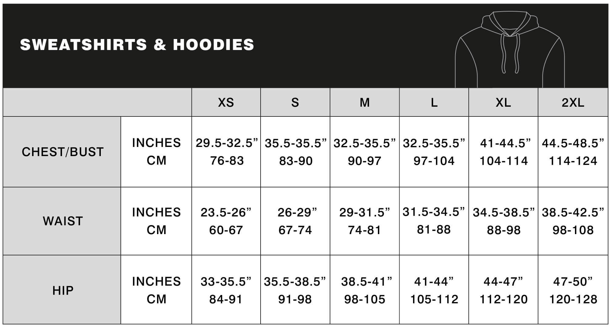 women's sweatshirts and hoodies size guide table for desktop