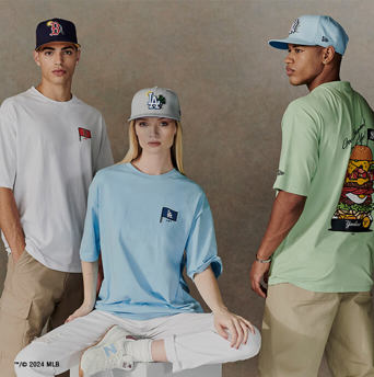 three men and women wearing New Era's festival collection apparel 