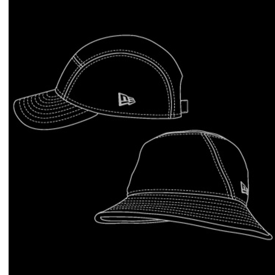 a white silhouette sketch of a bucket hat and a camper cap for the style guide