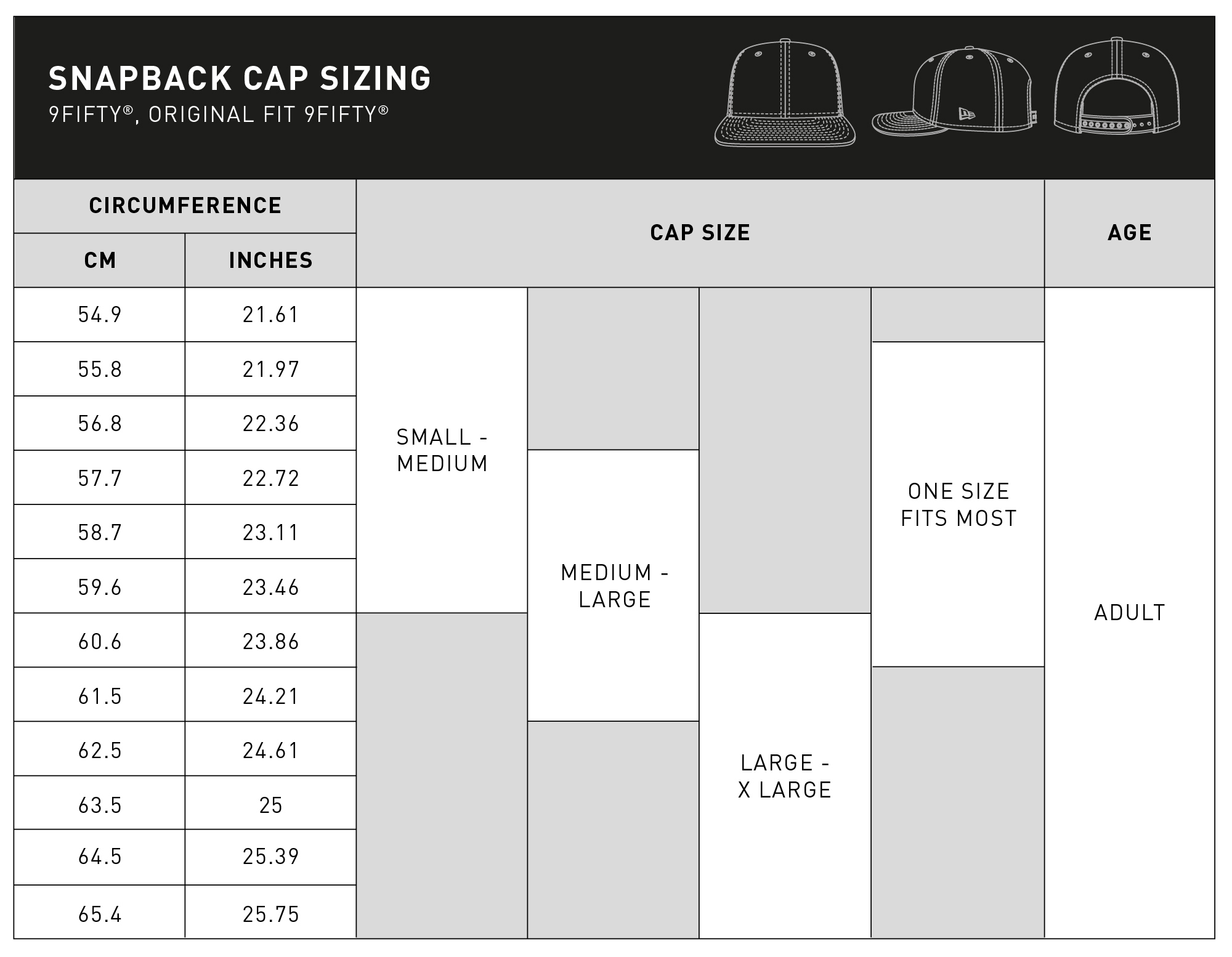 9FIFTY snapback cap size guide table for desktop