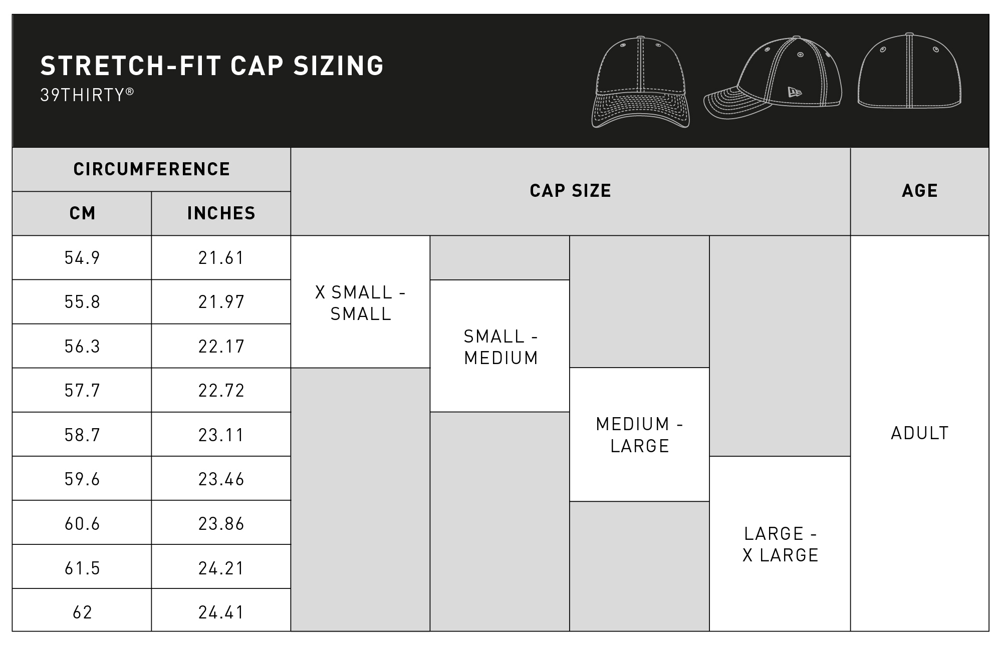 39THIRTY stretch fit caps size guide table for desktop