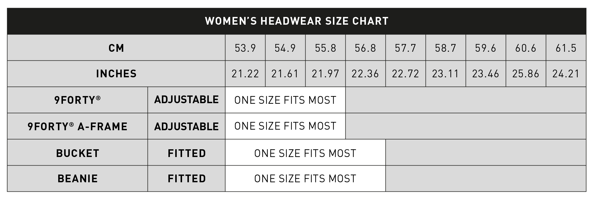 all women's headwear silhouettes size guide table for desktop