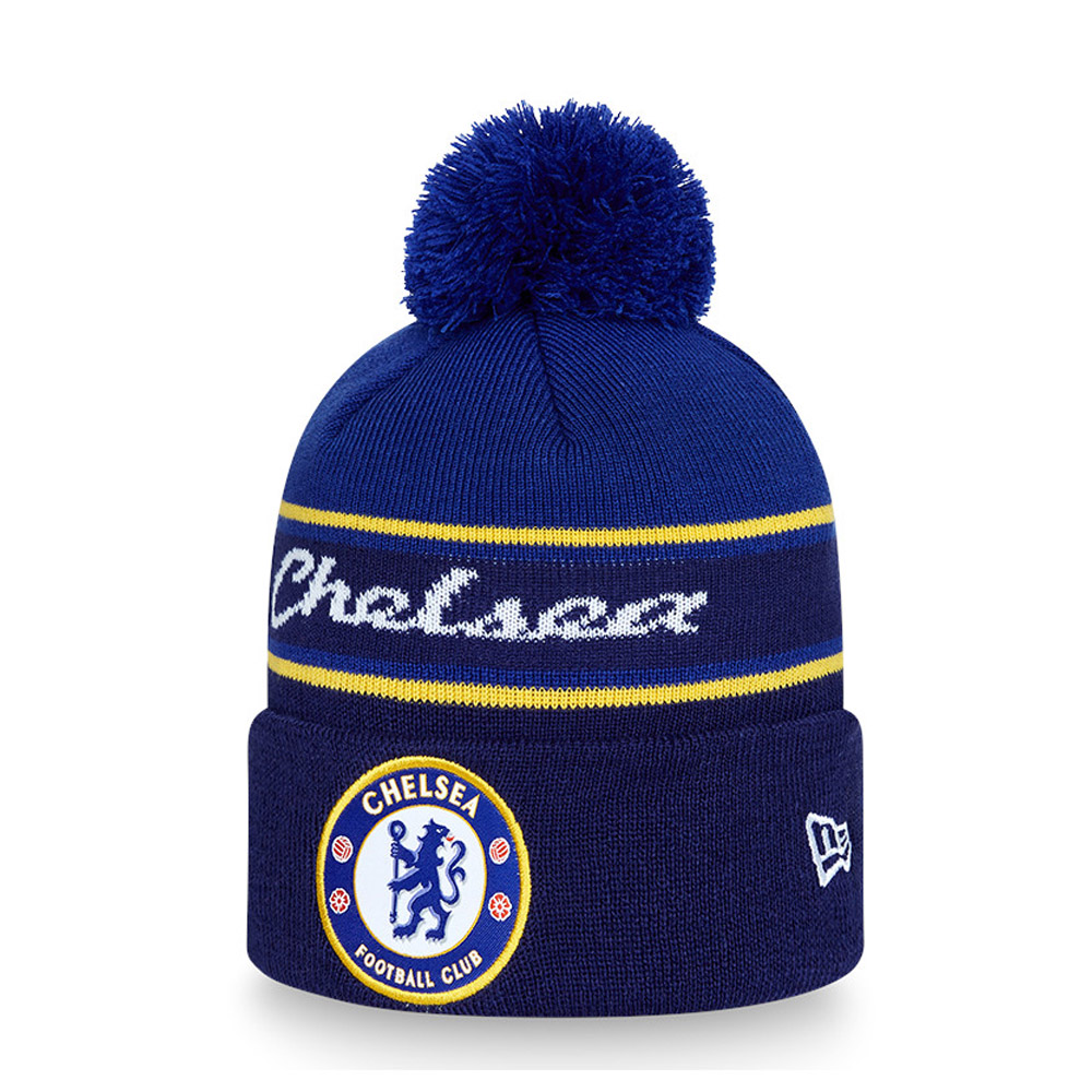 Chelsea FC Wordmark Stripe Blue Bobble Beanie Hat