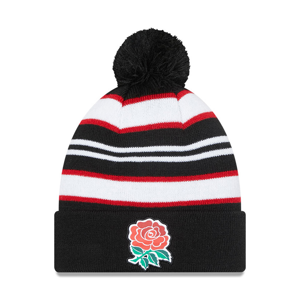 England Rugby Stripe Black Bobble Beanie Hat