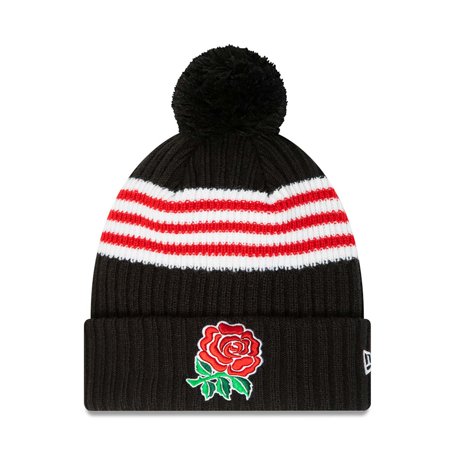 Official New Era England Rugby Stripe Team Black Bobble Beanie Hat ...